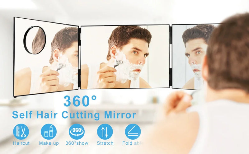 Espelho Trifold 360º com Luz LED – Recarregável, 3 Vias para Cortes de Cabelo e Penteados DIY