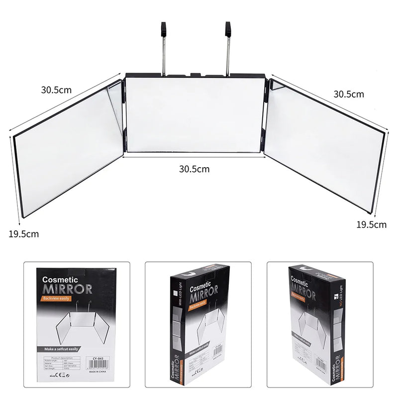 Espelho Trifold 360º com Luz LED – Recarregável, 3 Vias para Cortes de Cabelo e Penteados DIY